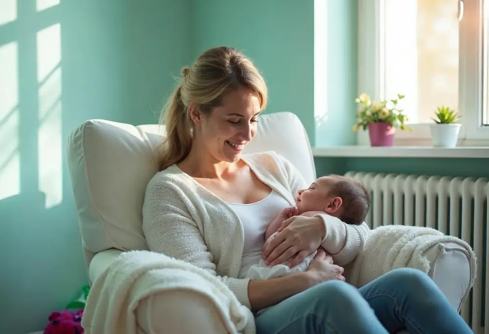 fisioterapia pediatrica Una mujer se sienta en un acogedor sillón y sonríe a un recién nacido que lleva en brazos. La luz del sol entra por una ventana y detrás de ella hay macetas con plantas. Daganzo Adyre