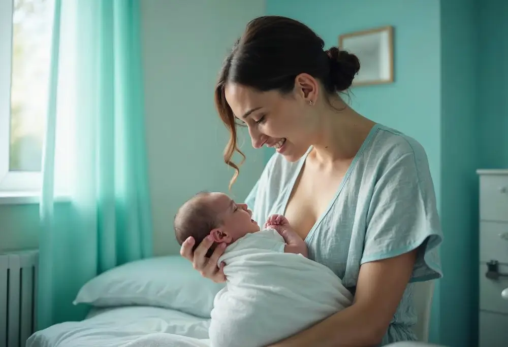 fisioterapia pediatrica Una mujer sonriente vestida con un top azul claro está sentada en una cama, sosteniendo y mirando cariñosamente a un bebé recién nacido envuelto en pañales en un dormitorio de color verde azulado suavemente iluminado. Daganzo Adyre