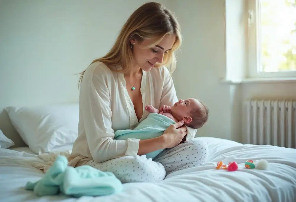 fisioterapia pediatrica Una mujer se sienta en una cama y sonríe suavemente a un recién nacido que lleva en brazos envuelto en una manta azul claro. La luz del sol entra a raudales por una ventana y hay juguetes de bebé esparcidos por los alrededores. Daganzo Adyre