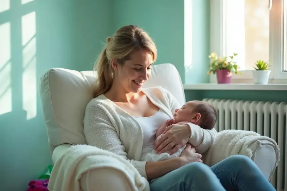 fisioterapia pediatrica Una mujer se sienta en un acogedor sillón y sonríe a un recién nacido que lleva en brazos. La luz del sol entra por una ventana y detrás de ella hay macetas con plantas. Daganzo Adyre