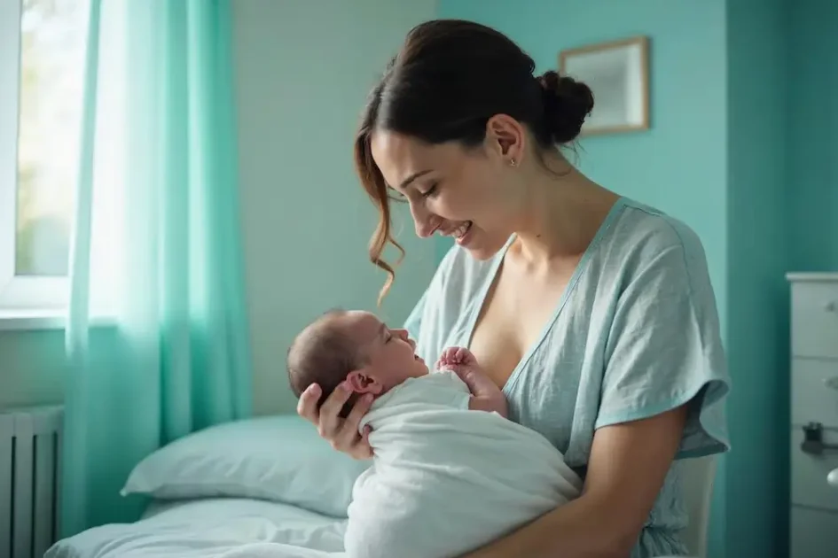 fisioterapia pediatrica Una mujer sonriente vestida con un top azul claro está sentada en una cama, sosteniendo y mirando cariñosamente a un bebé recién nacido envuelto en pañales en un dormitorio de color verde azulado suavemente iluminado. Daganzo Adyre